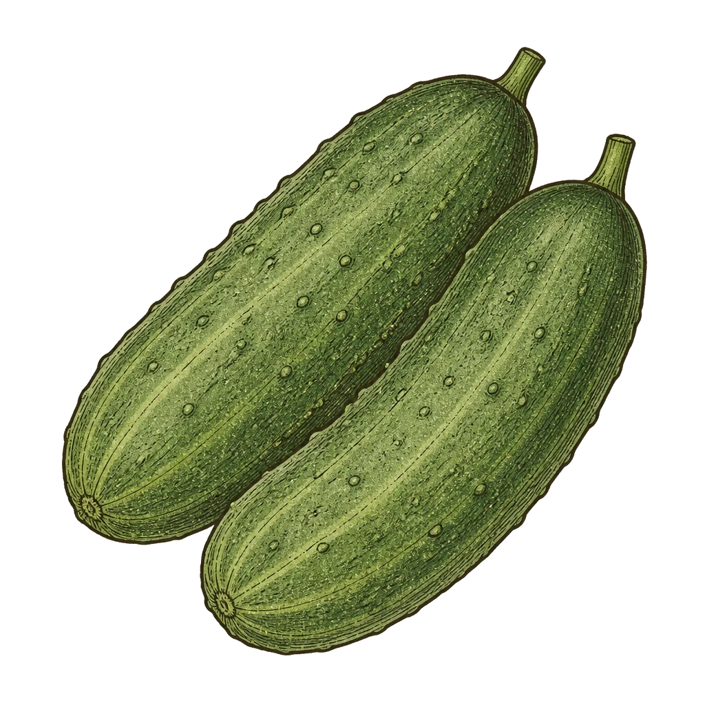 Elongated ripe cucumbers with short stem nubs — the slicing cucumbers to pick at 6 inches before seeds harden and flesh turns bitter.