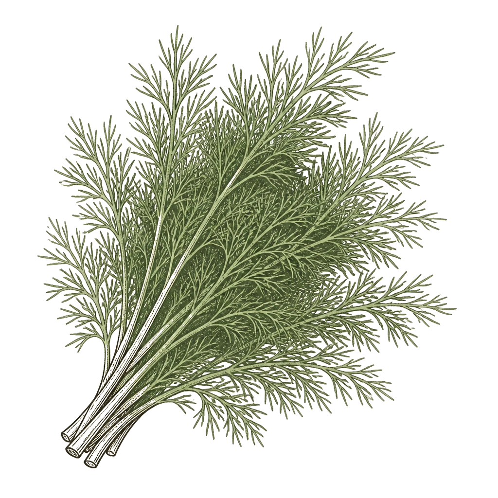 Loose bunch of feathery dill fronds — the harvestable leaves to cut before yellow flower umbels open and flavor shifts.