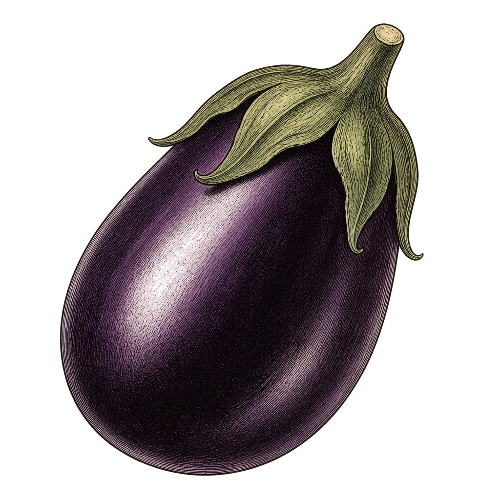 Glossy purple-black eggplant with green calyx — the firm fruit to harvest while skin still shines and before seeds turn brown.