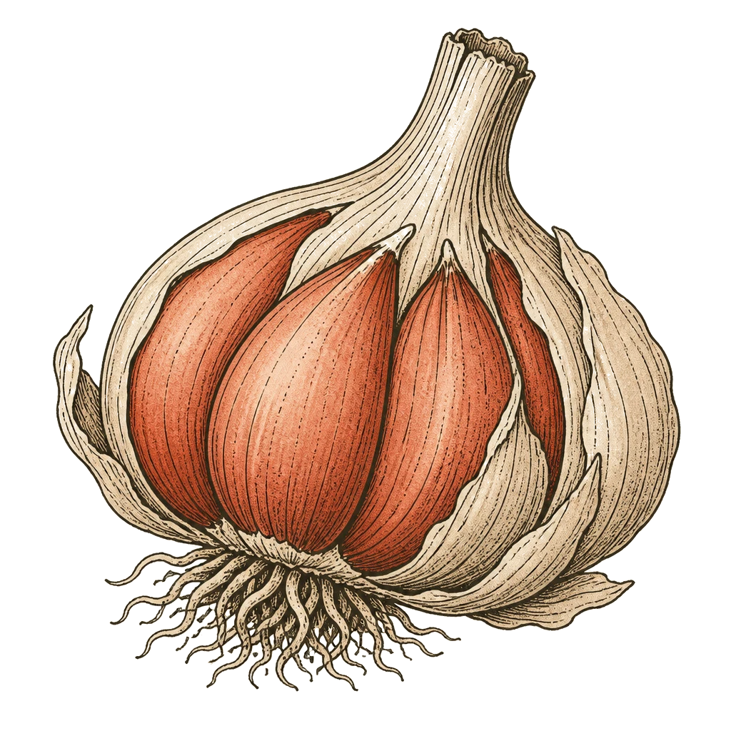 Whole garlic bulb with papery wrapper and visible cloves — the cured head to lift when lower leaves brown and tops begin to fall.