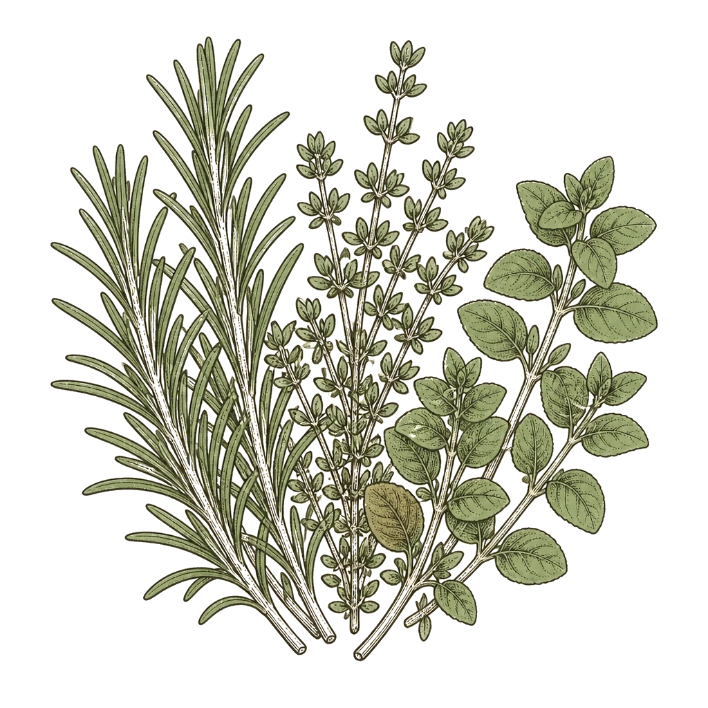 Mixed sprigs of rosemary, thyme, and oregano-style stems — the aromatic foliage to snip for cooking without overwatering the plants.