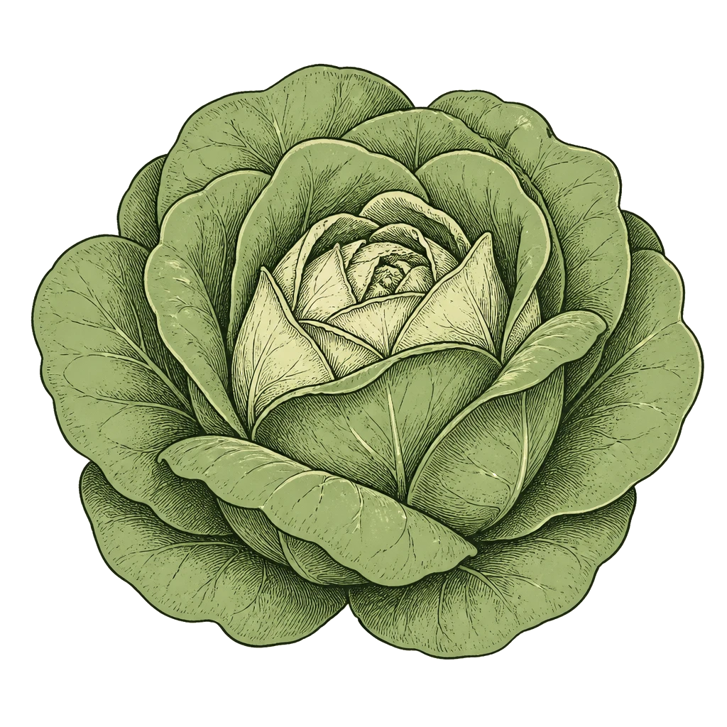 Compact butterhead lettuce head with cupped outer leaves — the formed head to harvest before the stalk elongates and leaves turn bitter.