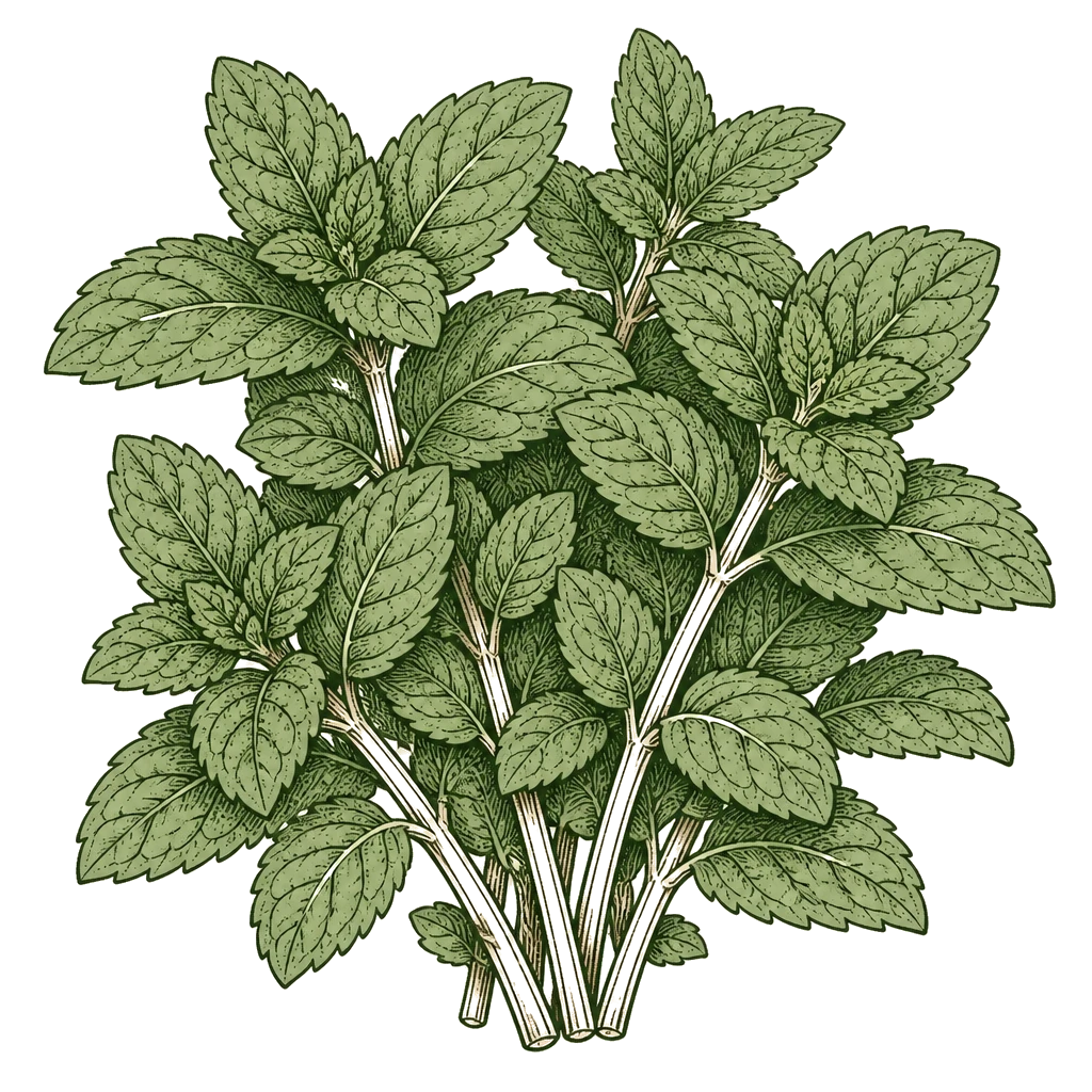 Mint sprig bunch with serrated aromatic leaves — the stems to cut for tea or cooking while keeping the plant contained.