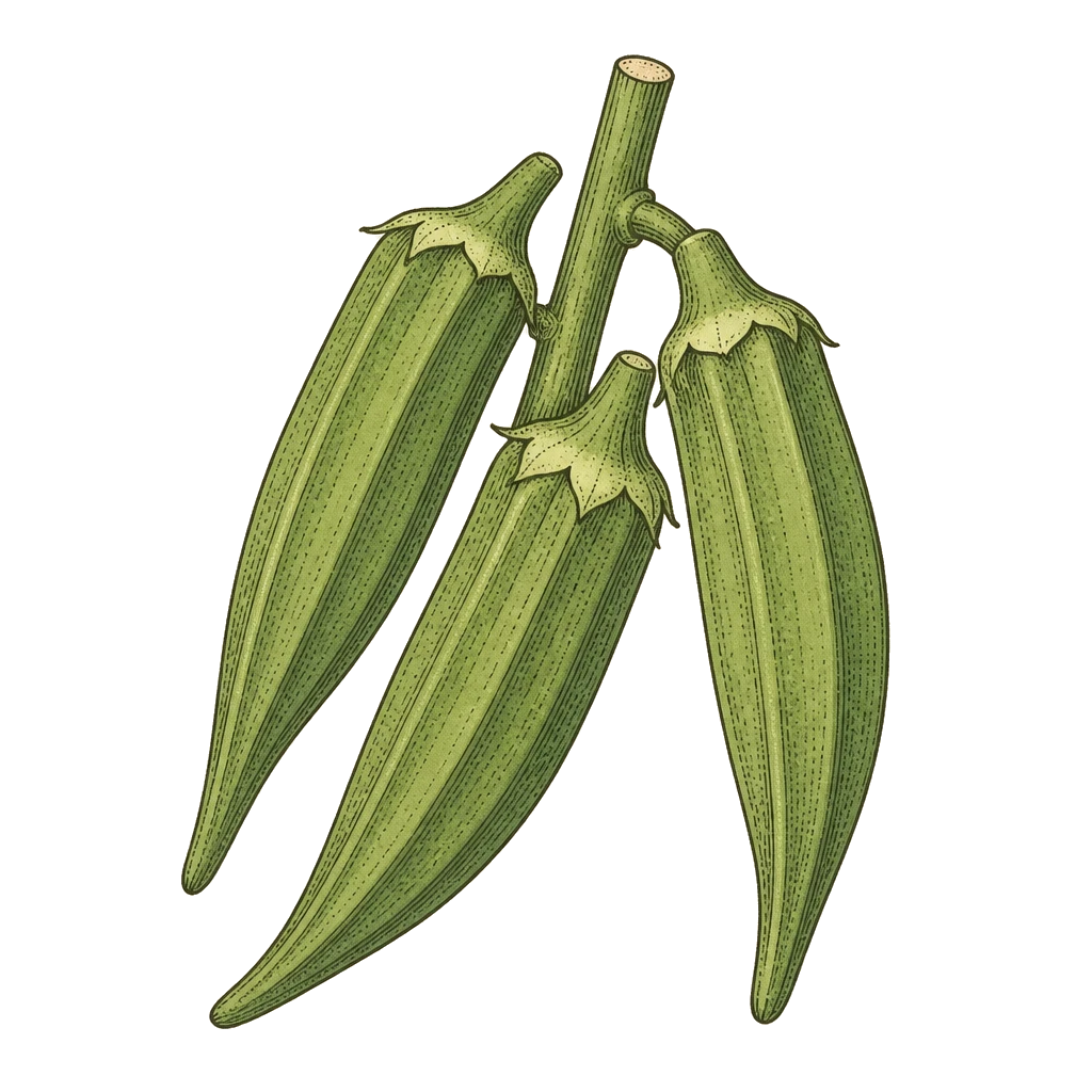 Slender okra pods on a short stem — the tender 2–4 inch pods to cut every other day before they turn woody and slow production.