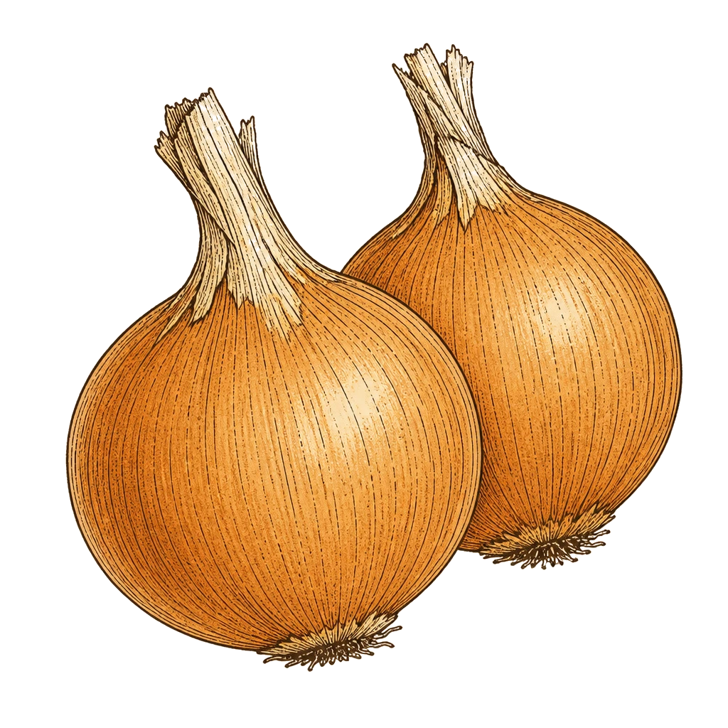 Cured onion bulbs with dry papery skins — the mature bulbs to lift when half the tops have fallen and necks have dried.
