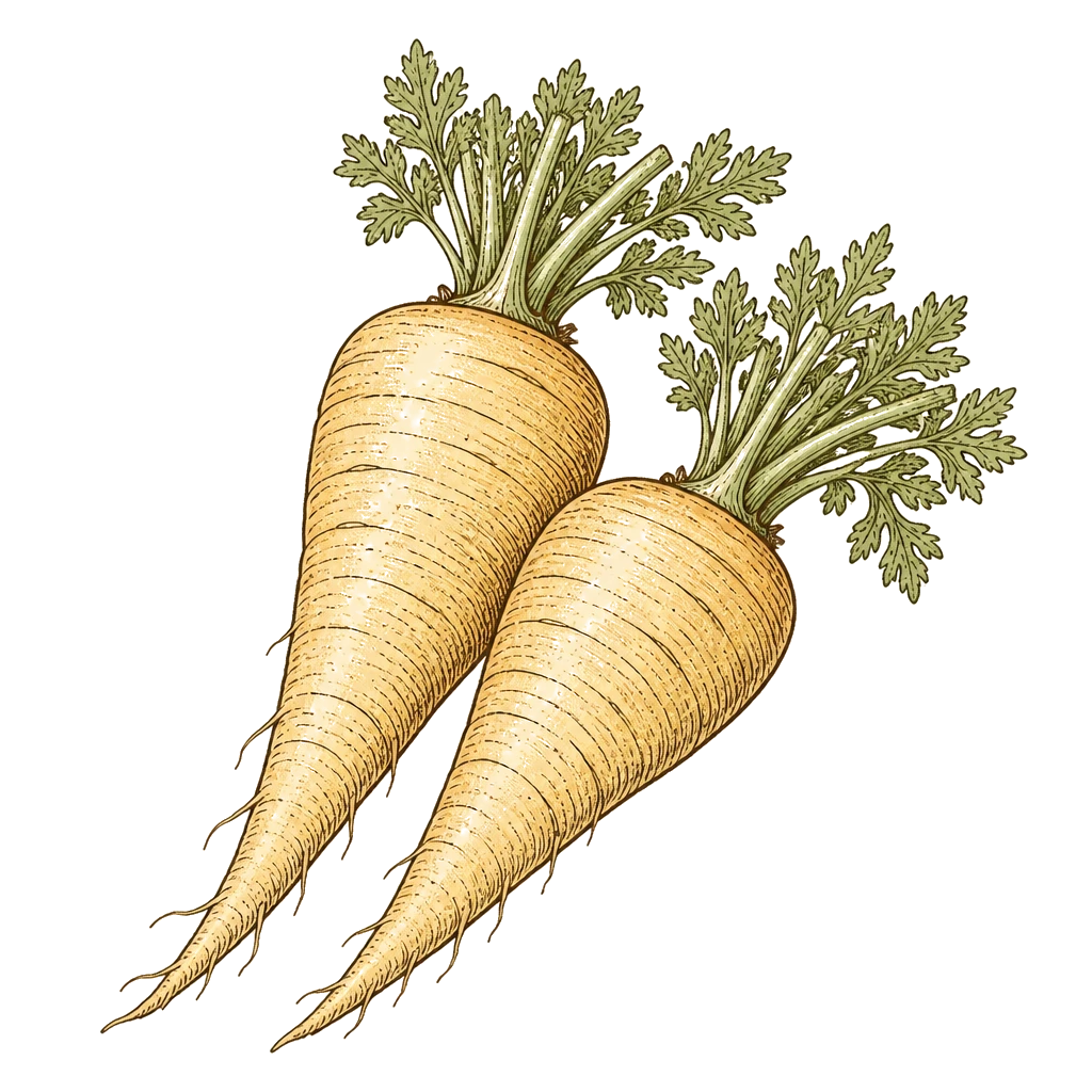Tapered creamy parsnip roots with tops trimmed — the mature roots to leave in ground until frosted tops develop full flavor.