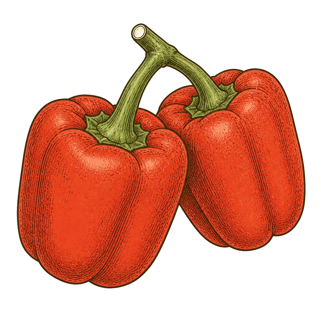 Ripe blocky peppers on short stems — the firm-walled fruit to harvest while skin stays glossy and before seeds turn brown.