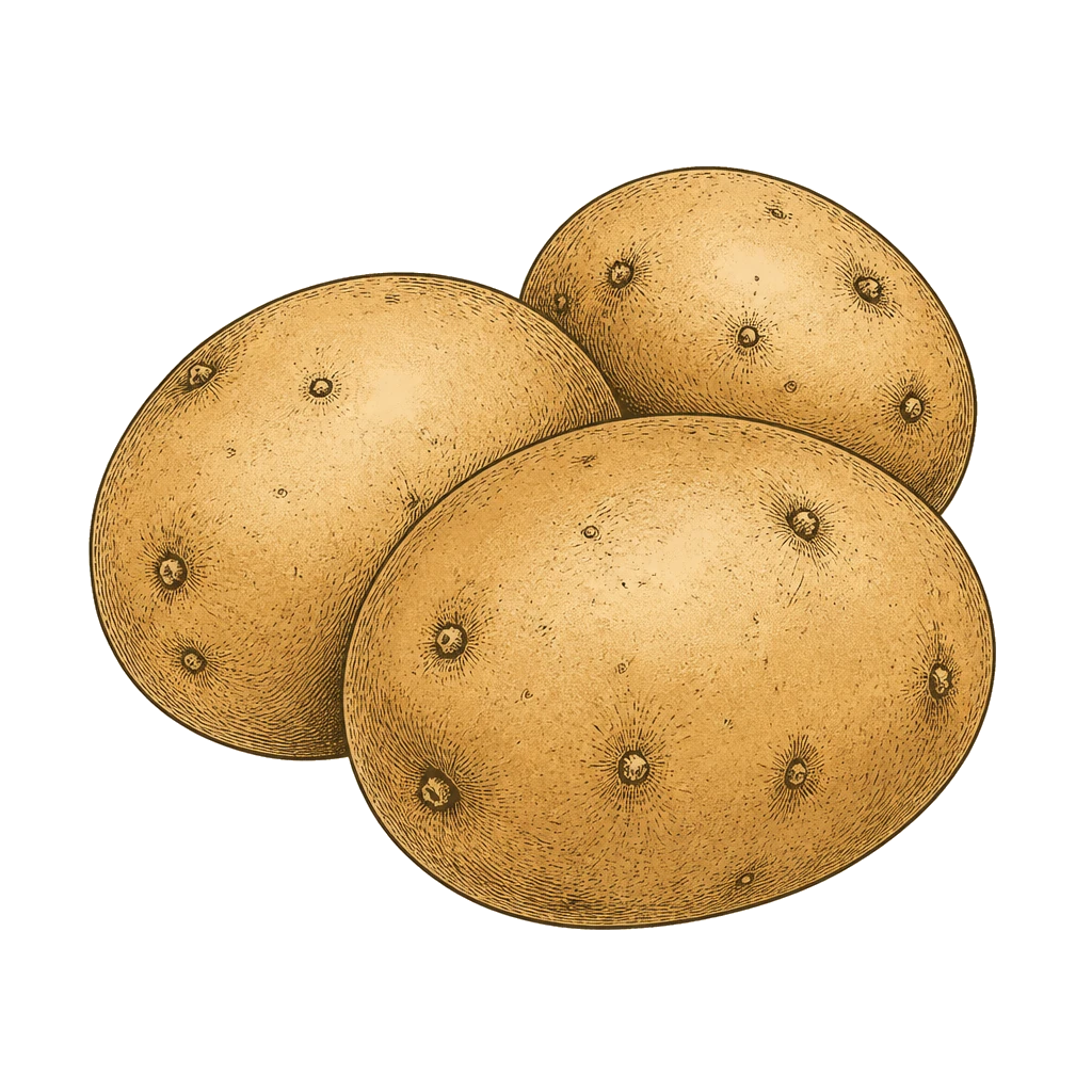Two or three round potatoes with small eyes — the tubers to dig once vines die back and skins set before storage.
