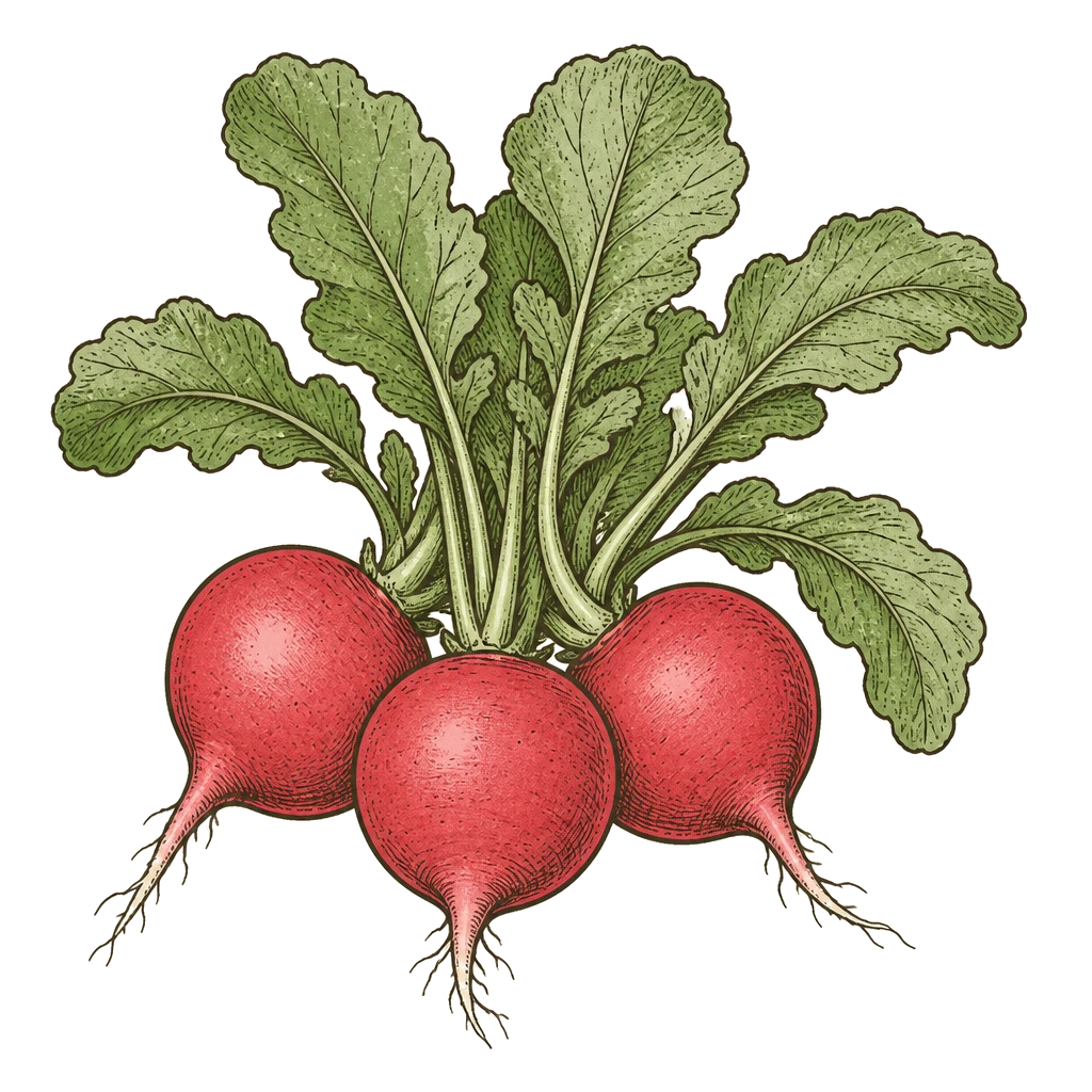 Small round radishes with a leaf tuft — the roots to pull promptly before they turn pithy and hot in warm soil.