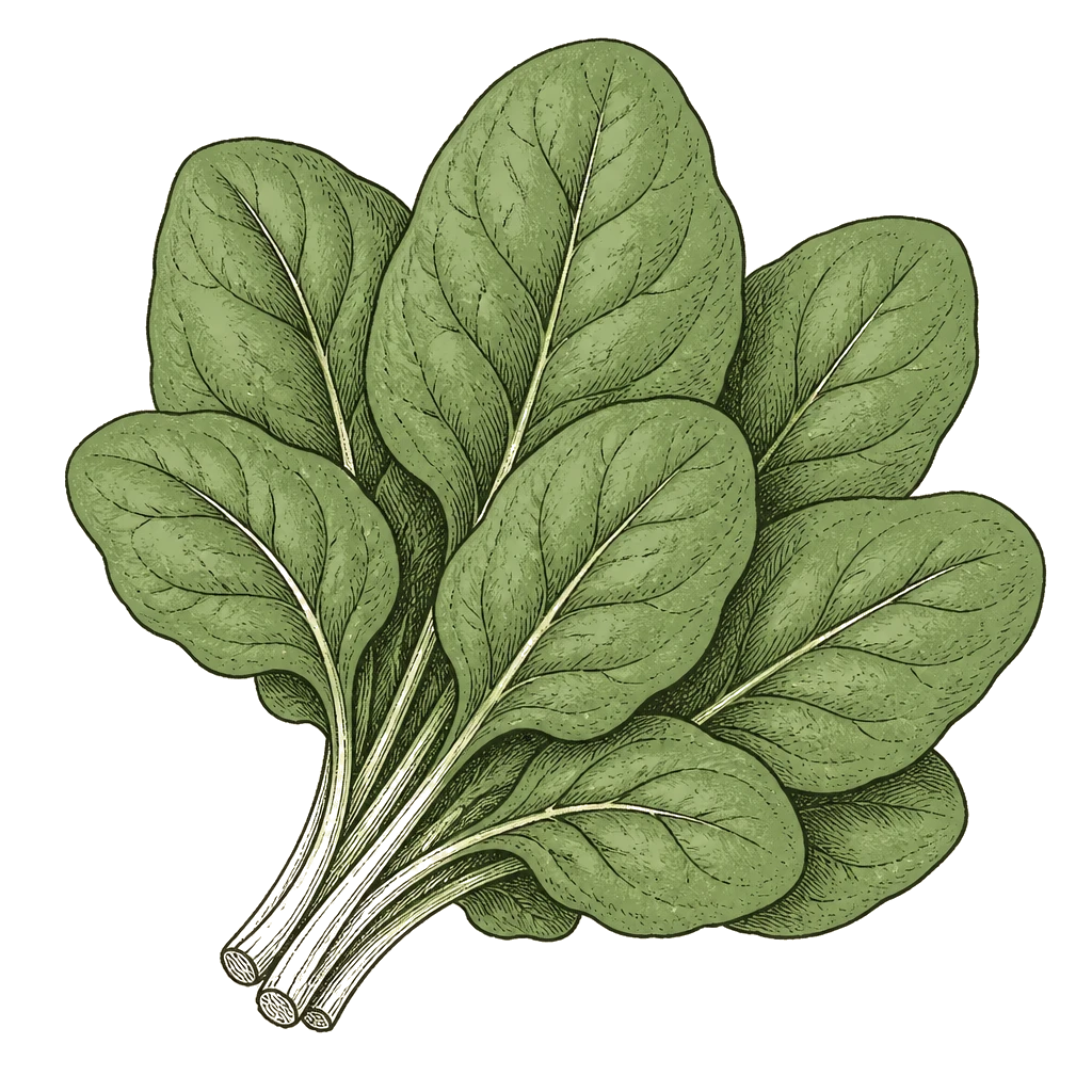 Bunch of overlapping oval spinach leaves — the harvestable leaves to cut before heat and lengthening days trigger bolting.