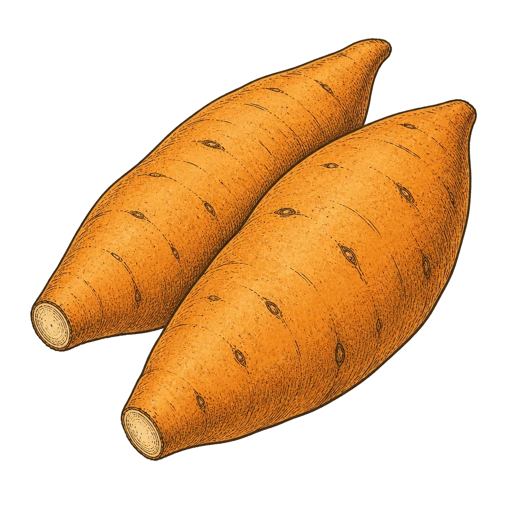 Two tapered sweet potatoes with trimmed ends — the roots to dig and cure warm and humid for a week before storage.