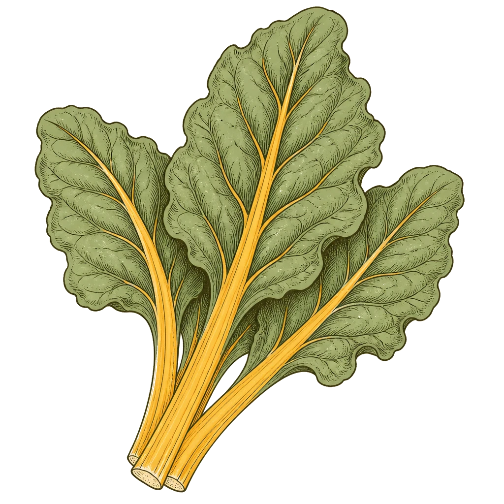 Bunch of Swiss chard leaves with marigold-toned stems — the harvestable leaves to cut while the crown keeps sending up new growth.
