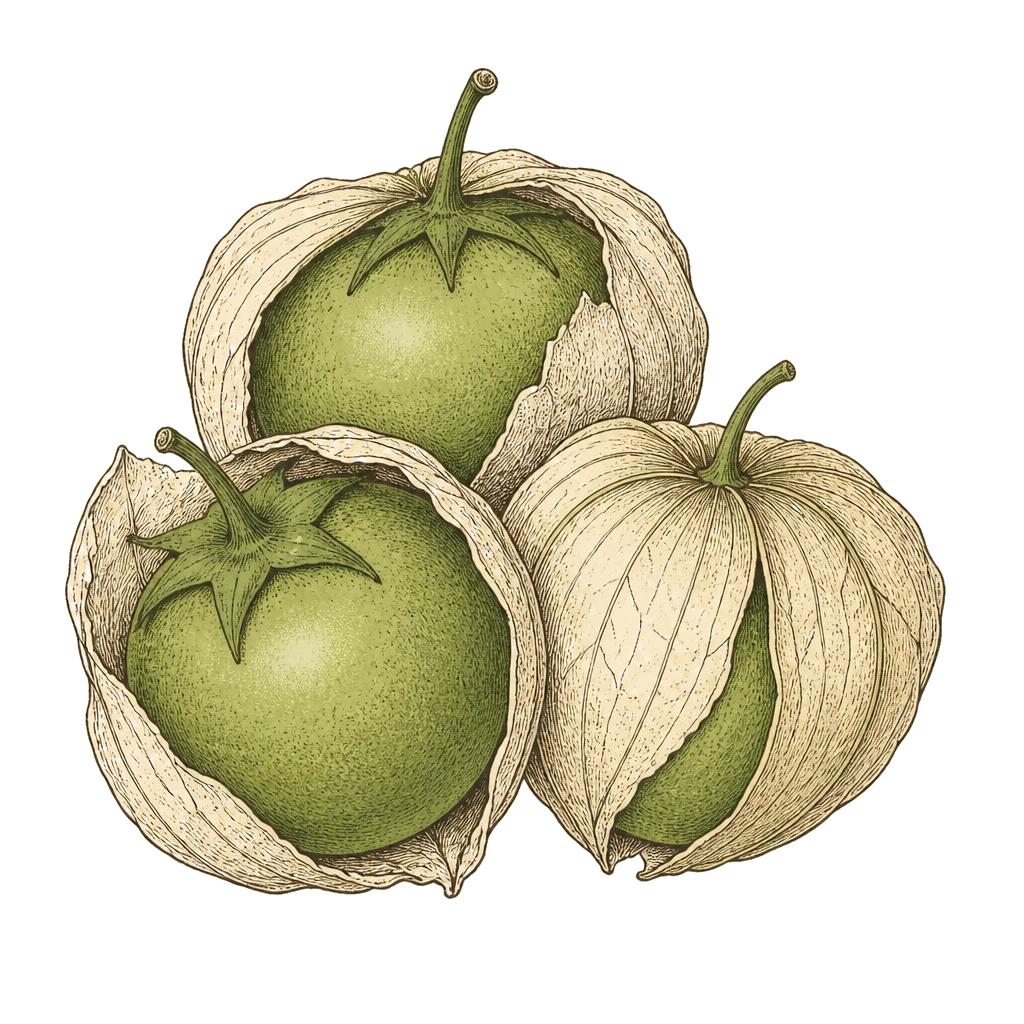 Green tomatillos in papery husks — the firm fruit to harvest when husks split and fill with the berry inside.