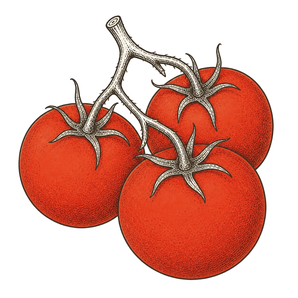 Cluster of ripe red tomatoes on a short vine spur — the fruit to pick at peak color when fully ripe on the vine.