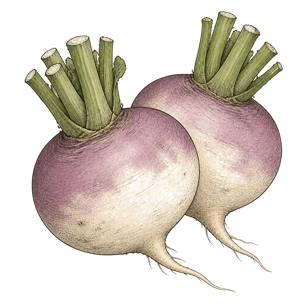 Pale purple-white turnips with trimmed greens — the 2–3 inch roots to pull for mildest flavor before they turn woody.