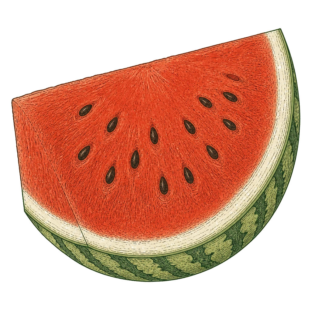 Thick watermelon wedge showing red flesh and black seeds — the melon to harvest only when fully ripe; it won't sweeten after picking.