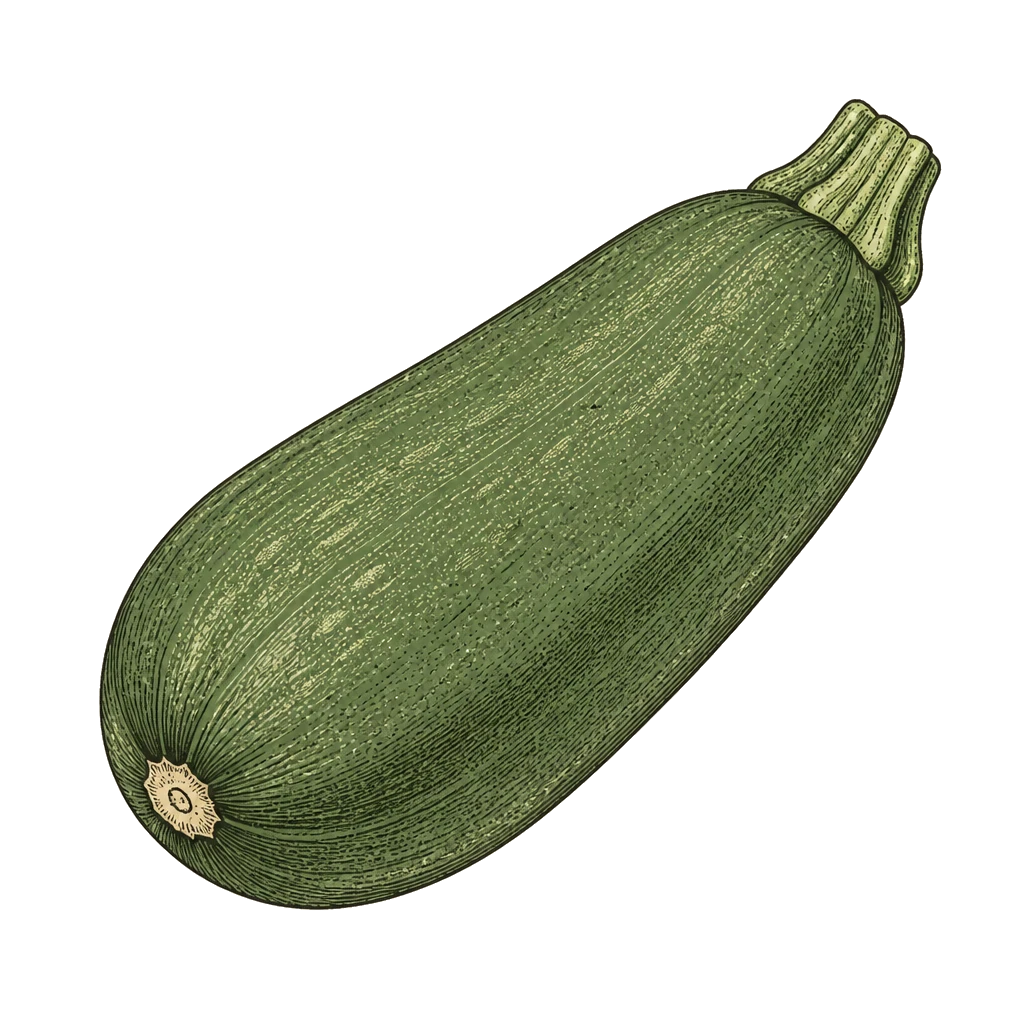 Medium zucchini with blossom scar — the 6–8 inch fruit to harvest every other day so the plant keeps setting new ones.