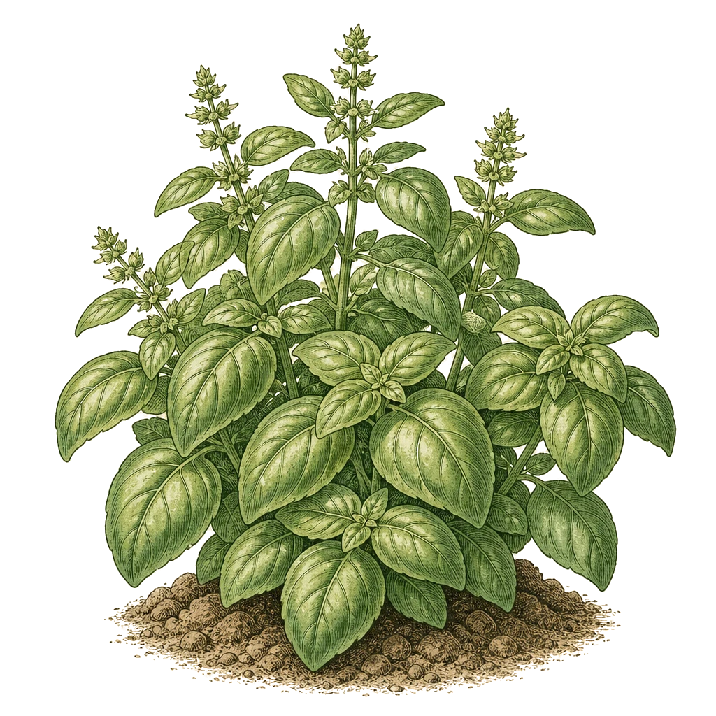 Basil plant with branching leafy stems — the full form to recognize when spacing transplants and pinching before flower buds open.