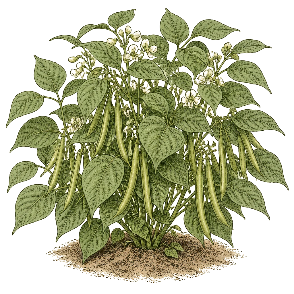 Bush bean plant with low, compact stems and foliage — the direct-sown form that fixes its own nitrogen without staking.