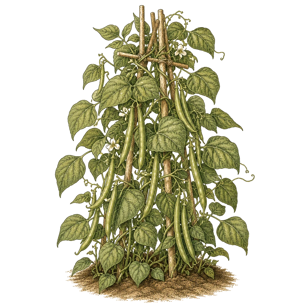 Pole bean vines climbing a trellis with long pods — the continuous-harvest form that needs a 6–8 foot support before you sow.