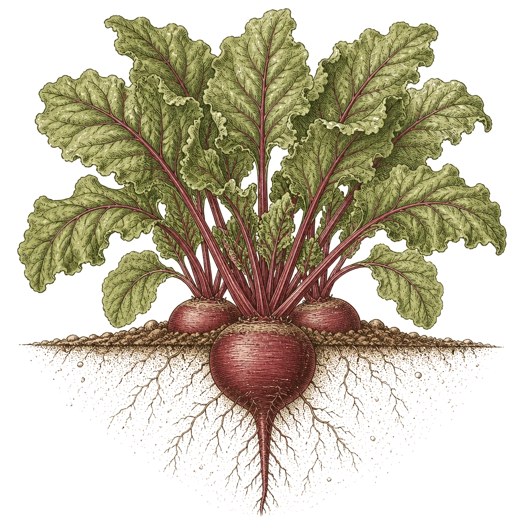 Beet plant with leafy tops and underground roots — the dual harvest of greens and roots that thinning and spacing determine.