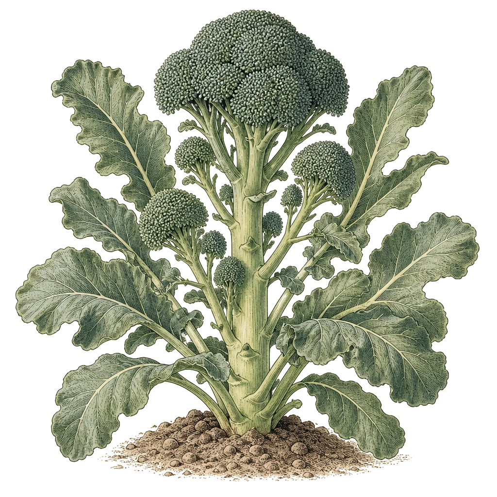 Broccoli plant with broad leaves and central head forming — the vegetative growth that must stay uninterrupted to avoid buttoning.