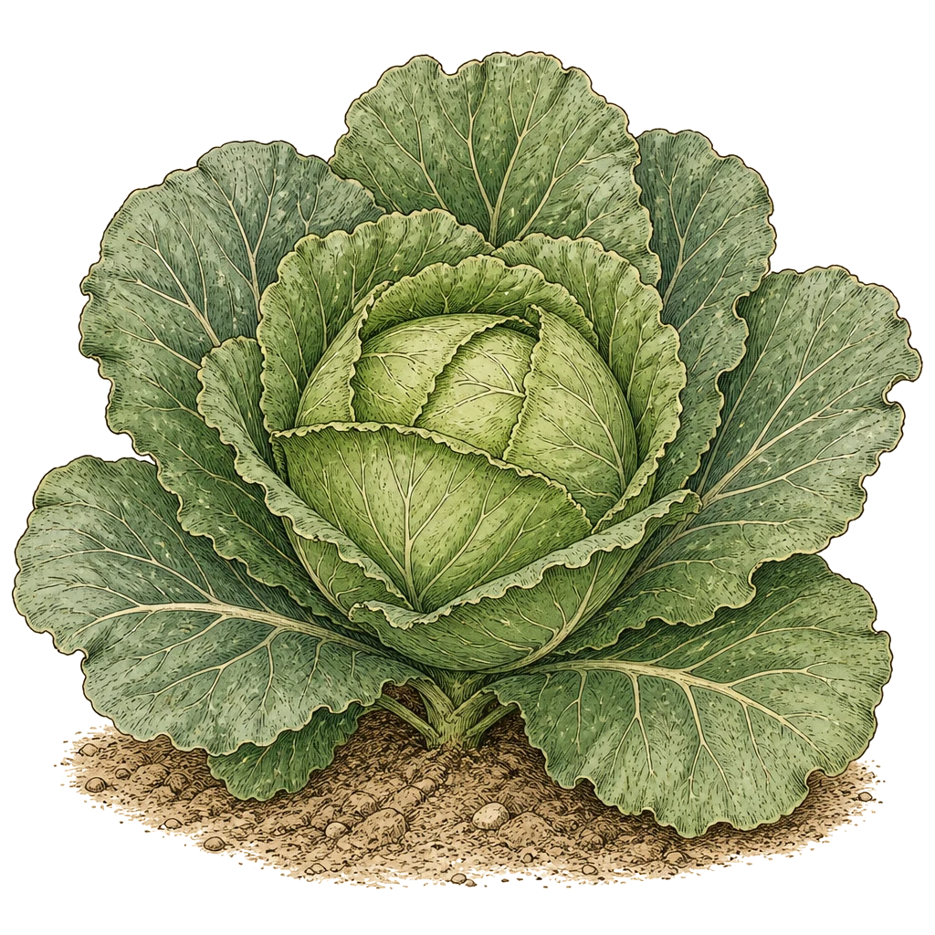 Cabbage plant with wrapper leaves and forming head — the cool-season growth that needs steady moisture to stay tight.