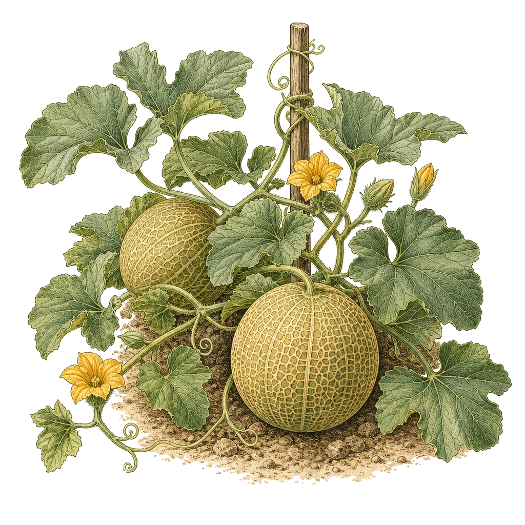 Cantaloupe vine with lobed leaves and netted melons — the trailing plant form that needs warm soil and full sun to set fruit.