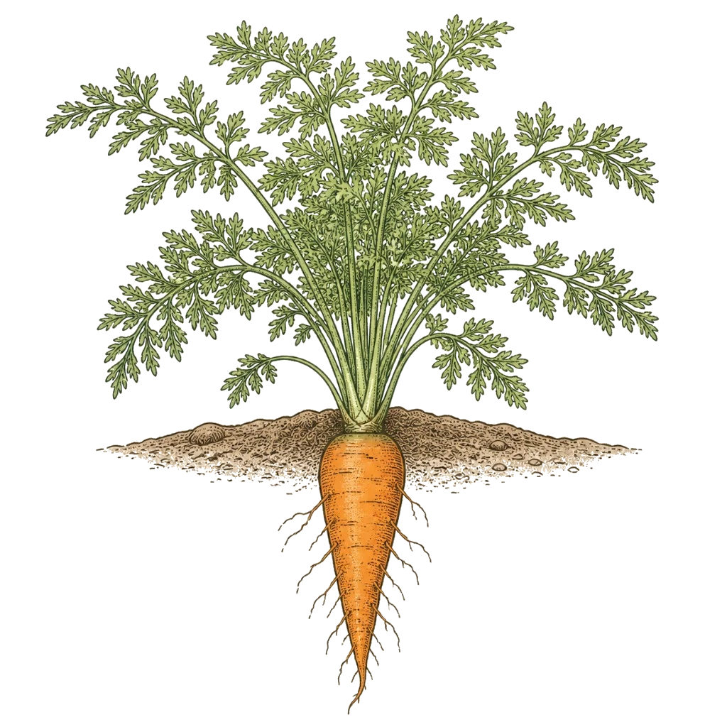 Carrot plant with feathery tops and tapered roots in cutaway — the straight-root form that depends on deep, stone-free soil.