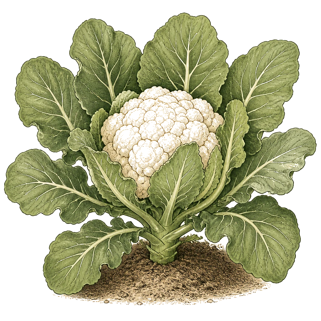 Cauliflower plant with broad wrapper leaves and forming curd — the uninterrupted growth that cold, heat, or drought can abort.