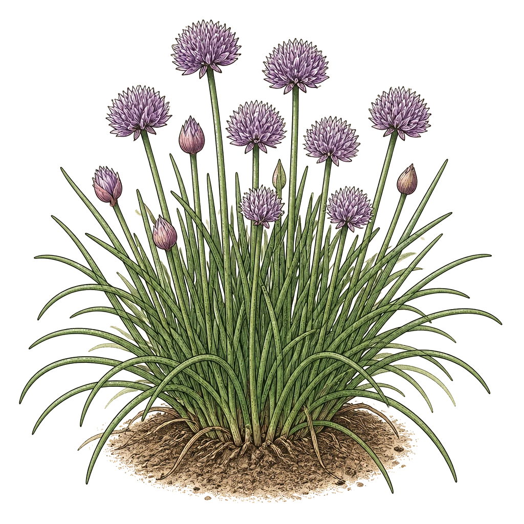 Chive clump with hollow tubular leaves — the perennial herb form that regrows from the bulb base after each cutting.