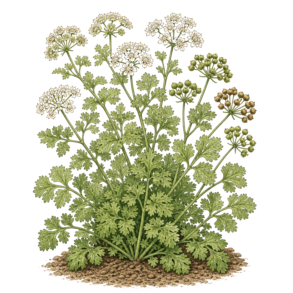 Cilantro plant with lacy compound leaves on slender stems — the direct-sown form that bolts once temperatures pass 80°F.