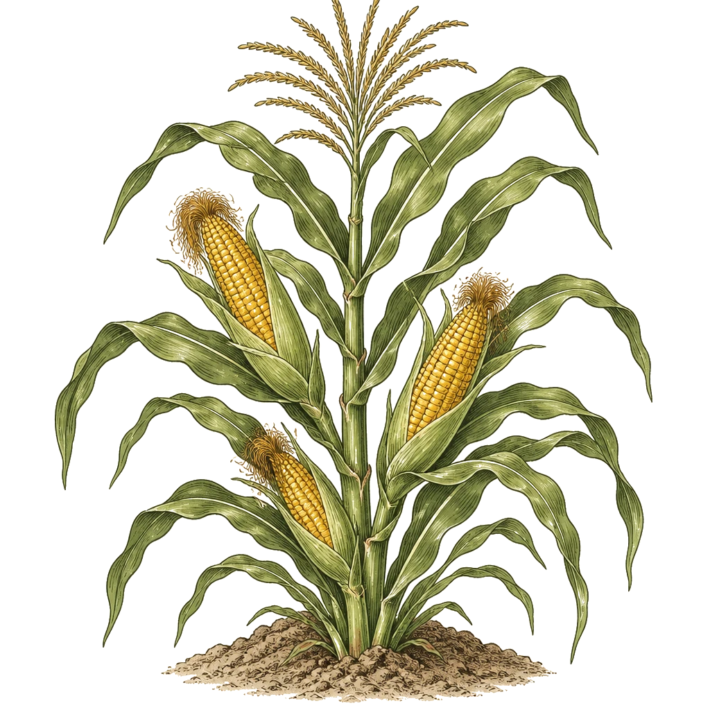 Sweet corn plant with tall stalk, tassel, and developing ear — the block-planted form that needs wind pollination to fill every kernel.