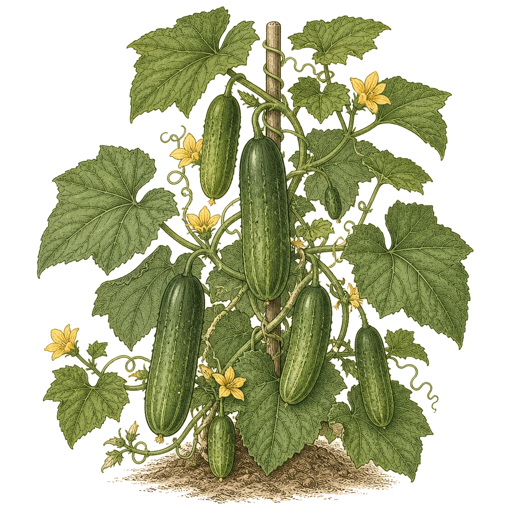 Cucumber vine with lobed leaves and trailing stems — the warm-season vine that needs 60°F soil and steady moisture to avoid bitter fruit.