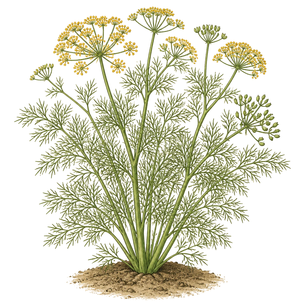 Dill plant with feathery upright fronds on slender stems — the direct-sown herb form that bolts if transplanted or sown in heat.