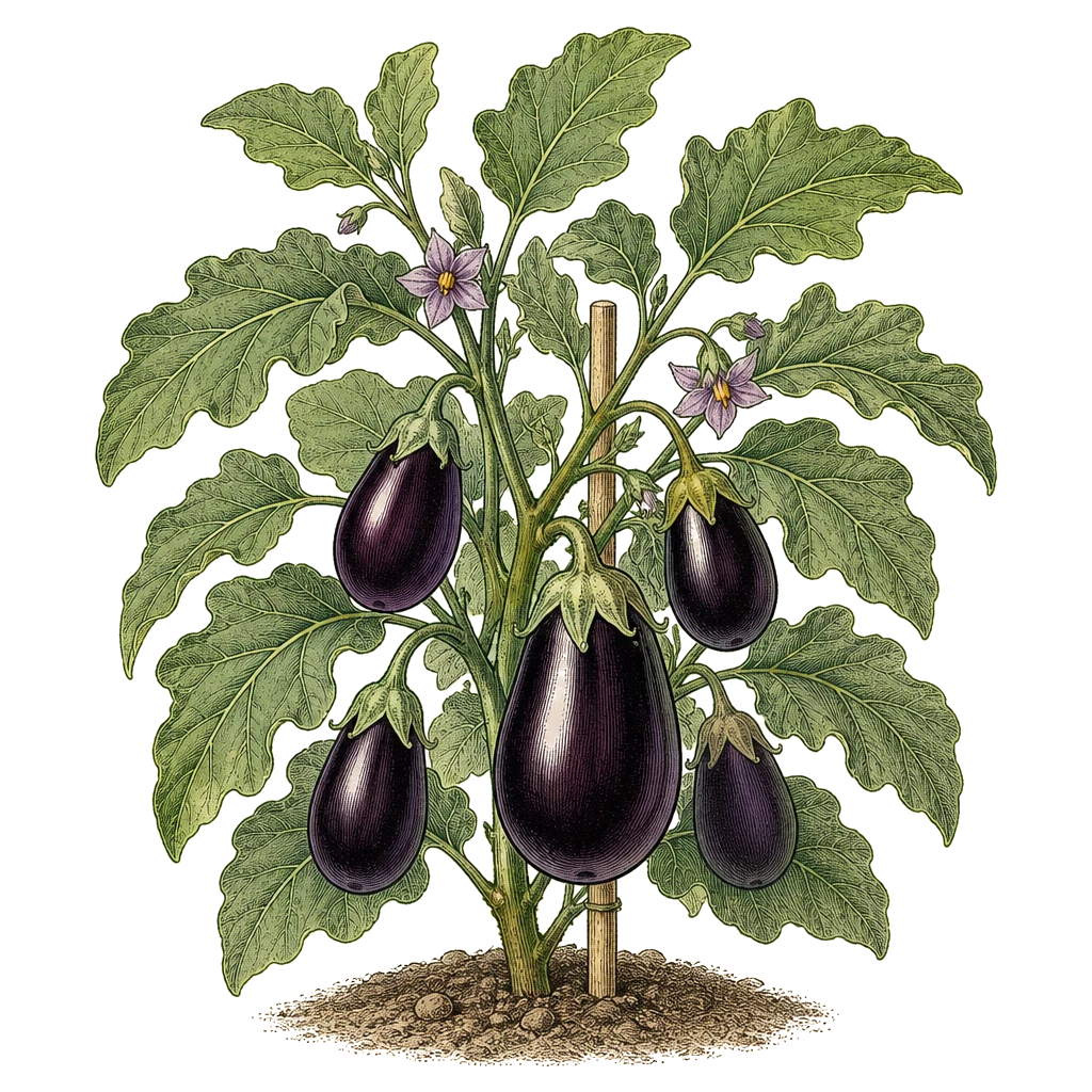 Eggplant plant with lobed leaves and glossy purple fruit — the heat-loving nightshade that needs a long warm season from transplant.