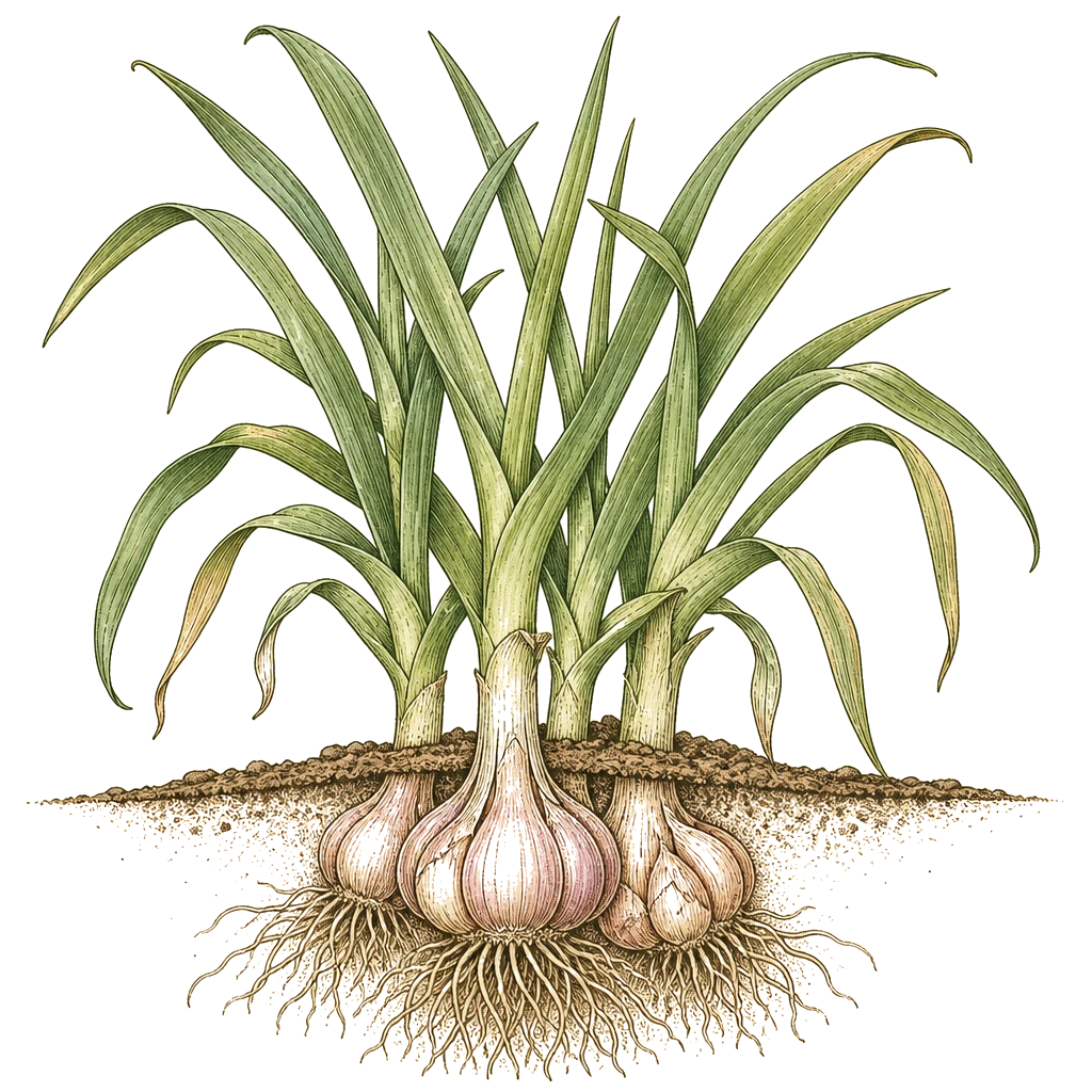 Garlic plant with flat strap-like leaves above soil — the fall-planted clove that vernalizes over winter before spring bulb growth.