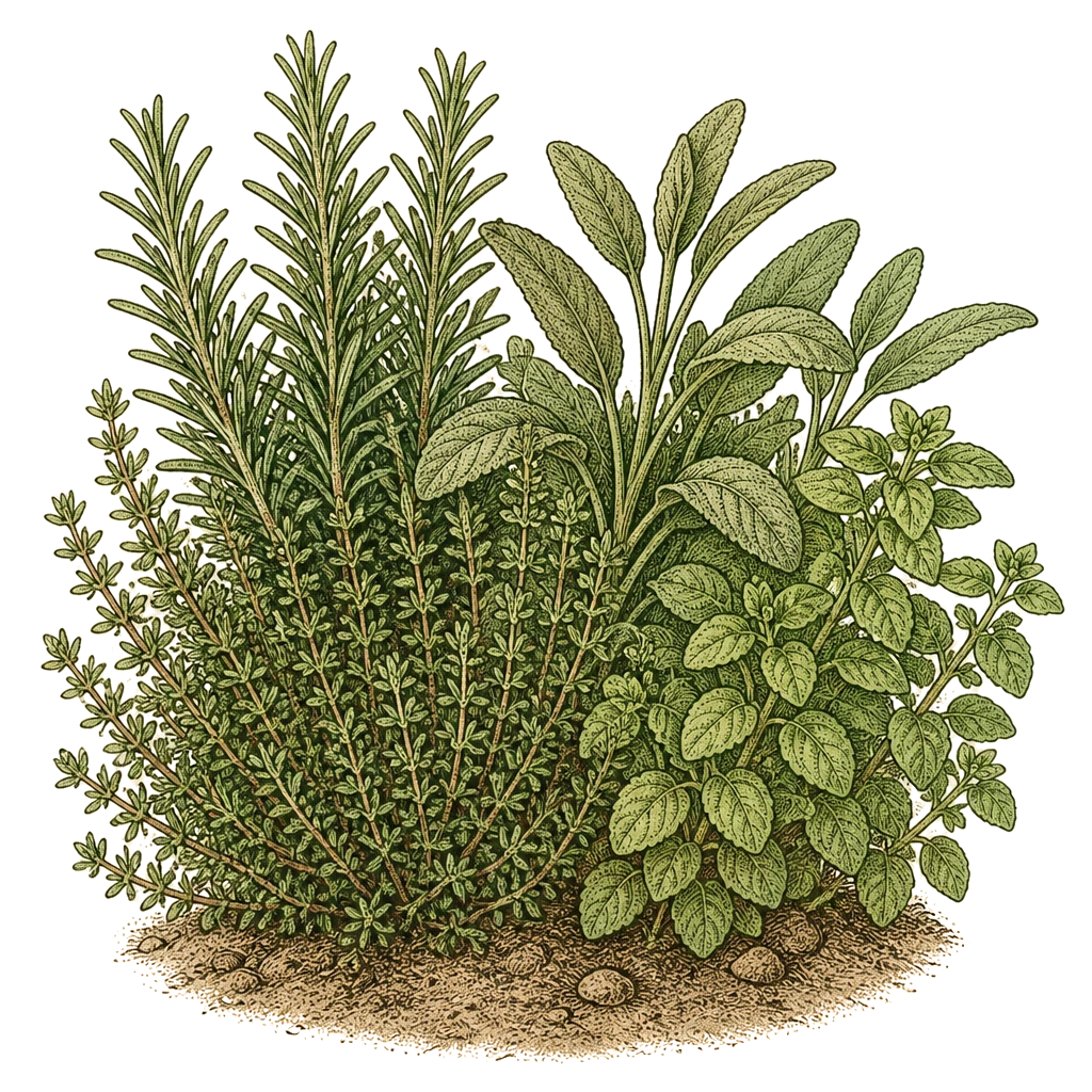 Mediterranean herb clump with rosemary, thyme, oregano, and sage sprigs — the drought-tolerant perennials that want lean, fast-draining soil.