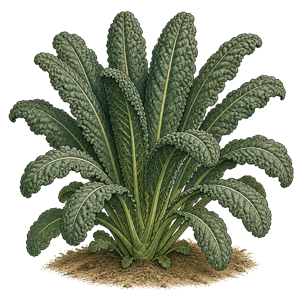Kale plant with upright crinkled leaves — the cool-season brassica that sweetens after frost rather than before it.