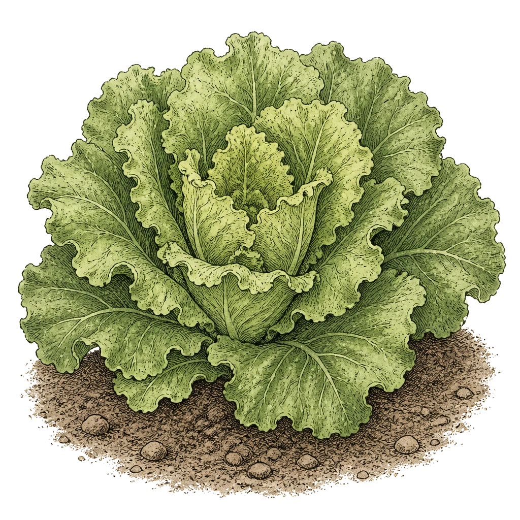 Lettuce plant with low rosette of ruffled leaves — the cool-season crop that bolts once temperatures pass 75°F.