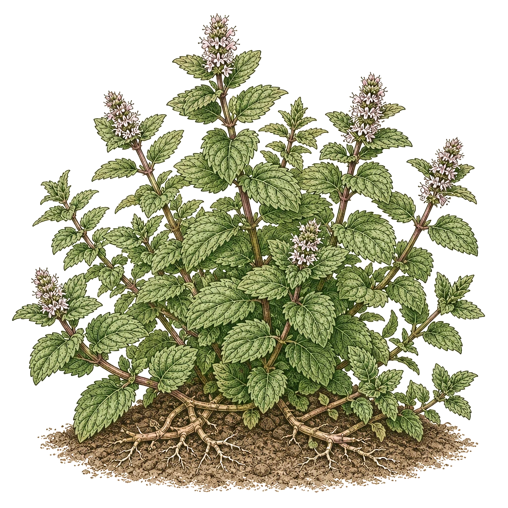 Mint plant with spreading stems and serrated leaves — the rhizome-spreading herb that needs a container before it goes in the ground.