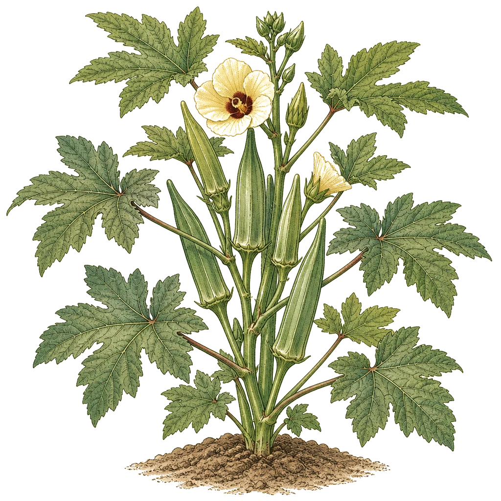 Okra plant with lobed leaves and upright pods — the heat-loving crop that needs 65°F soil and frequent picking to keep flowering.