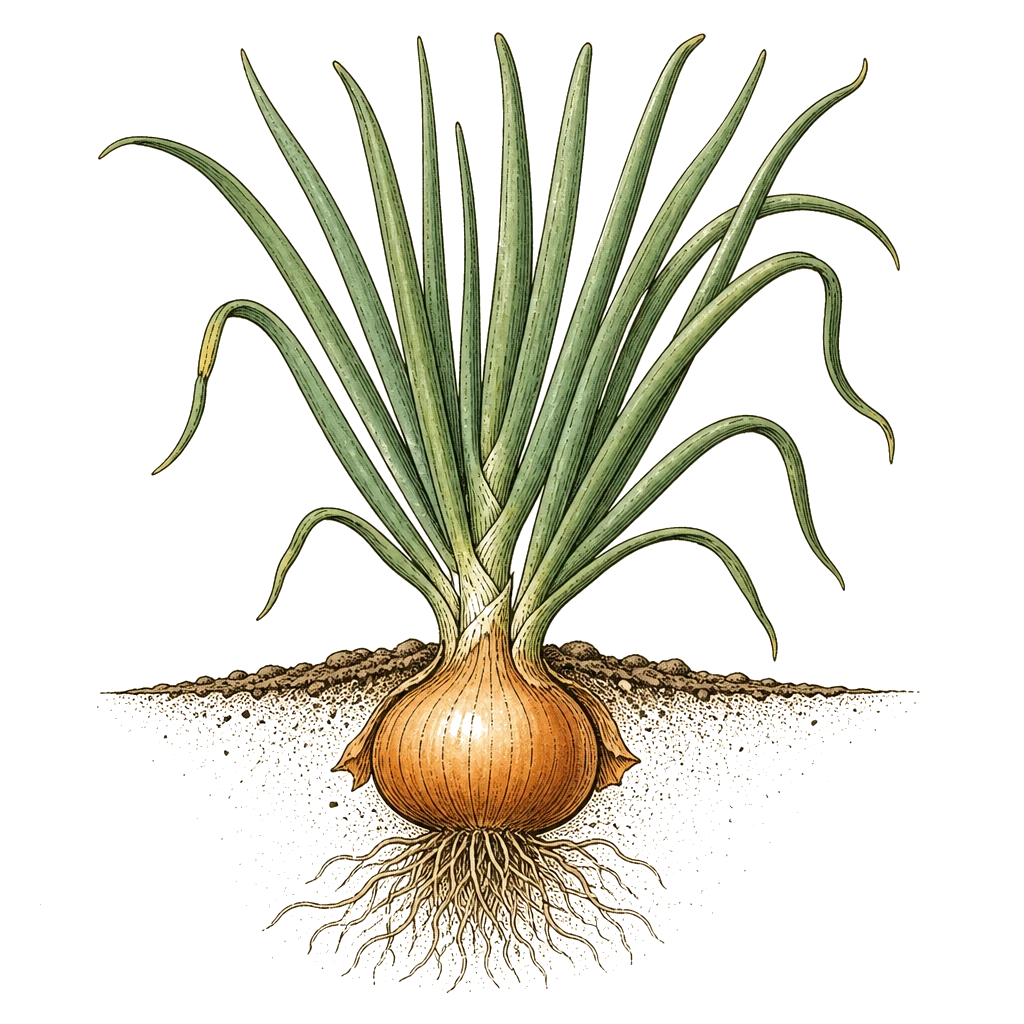 Onion plant with tubular leaves and bulbs at the soil line — the day-length crop whose variety must match your latitude before planting.