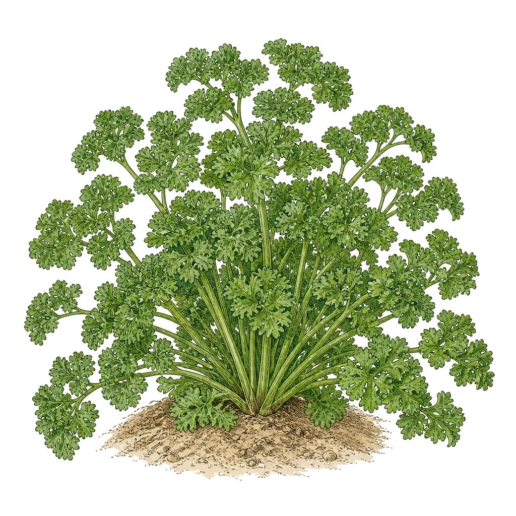 Parsley plant with curly or flat leaf rosette — the biennial herb grown as an annual with slow 2–4 week germination.