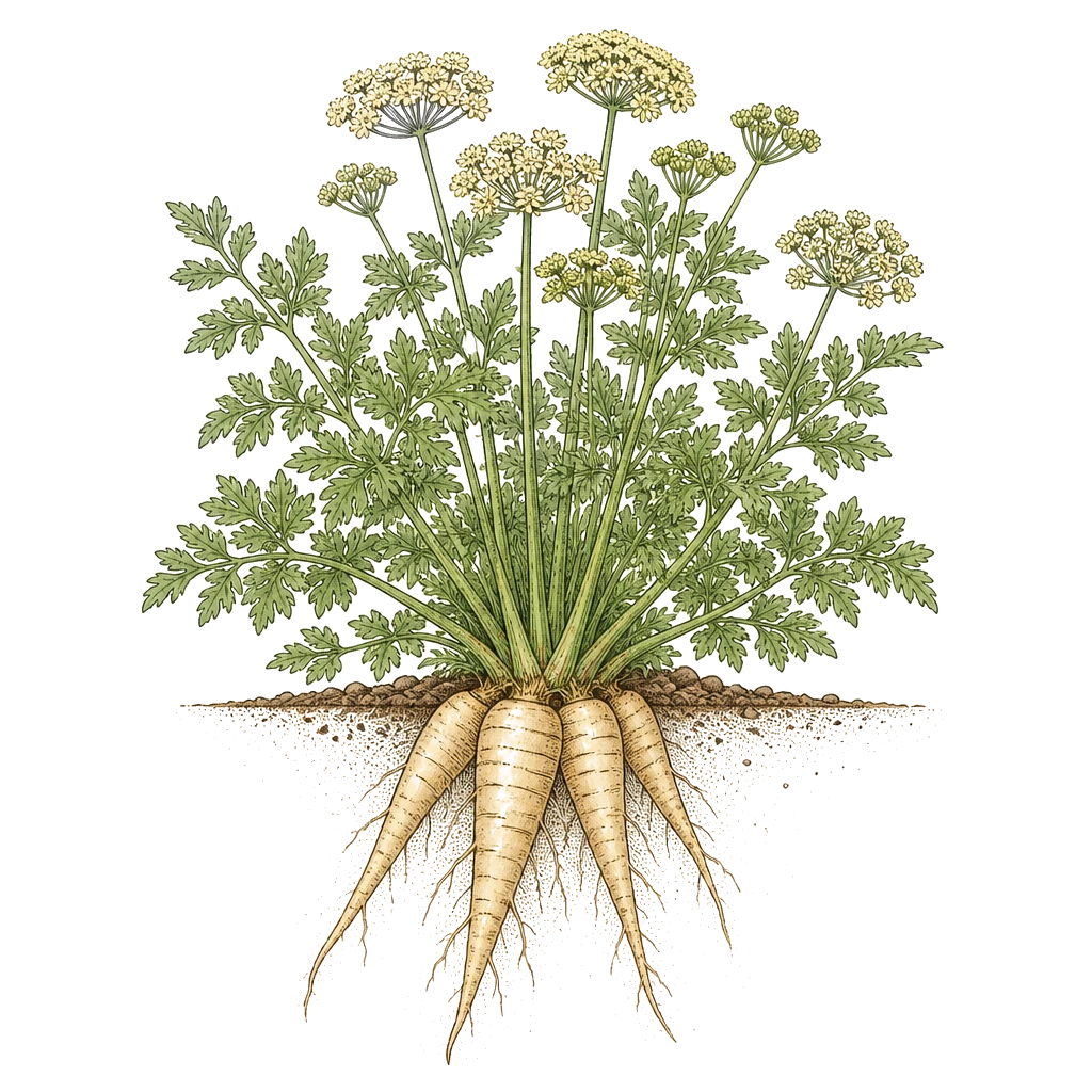 Parsnip plant with feathery tops and tapered roots in cutaway — the slow-germinating root crop that sweetens after frost.