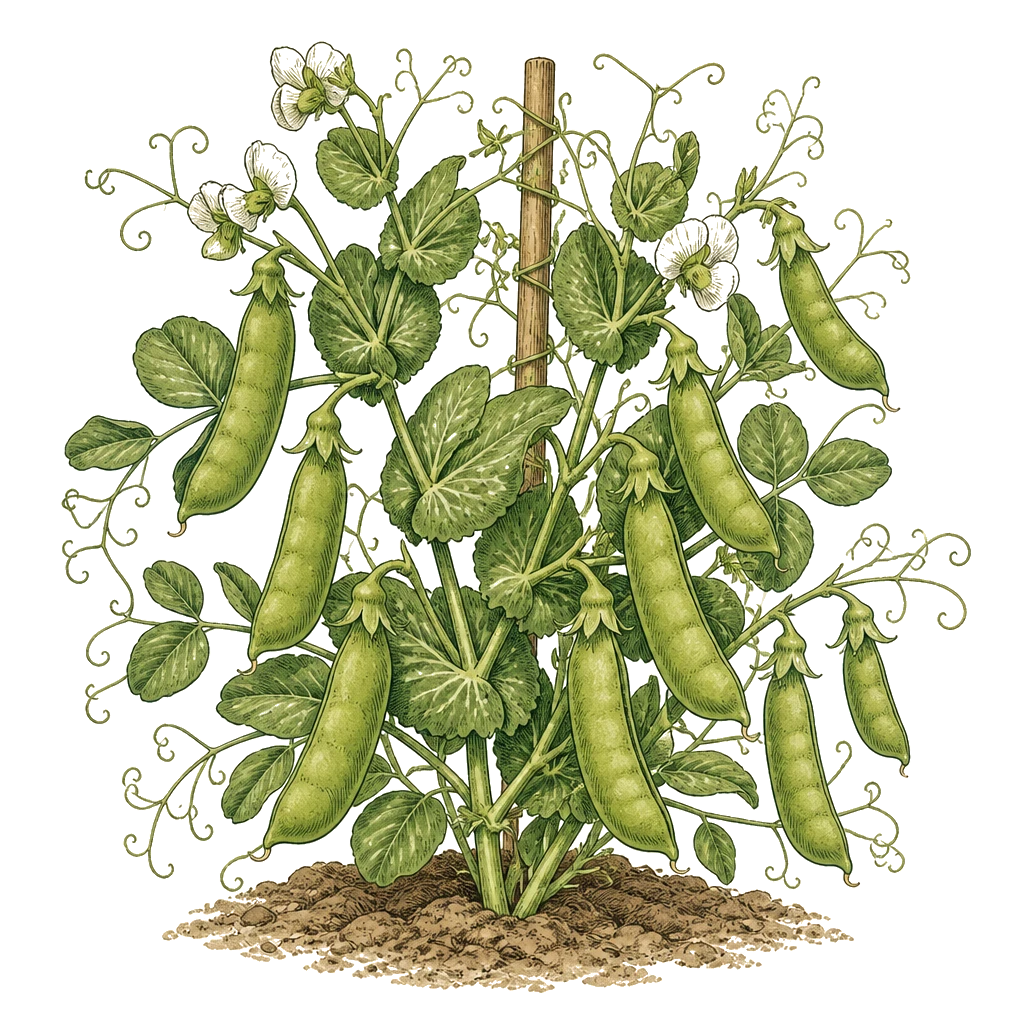 Pea plant with tendrils, paired leaves, and hanging pods — the cool-season vine that stops producing above 85°F.