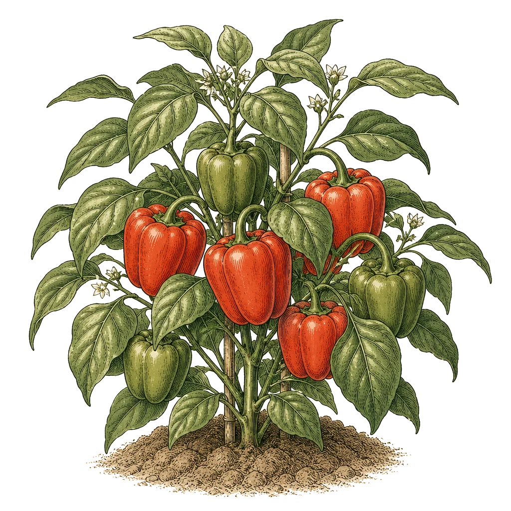 Pepper plant with glossy leaves and blocky fruit — the heat-loving nightshade that stalls in cold soil at transplant.