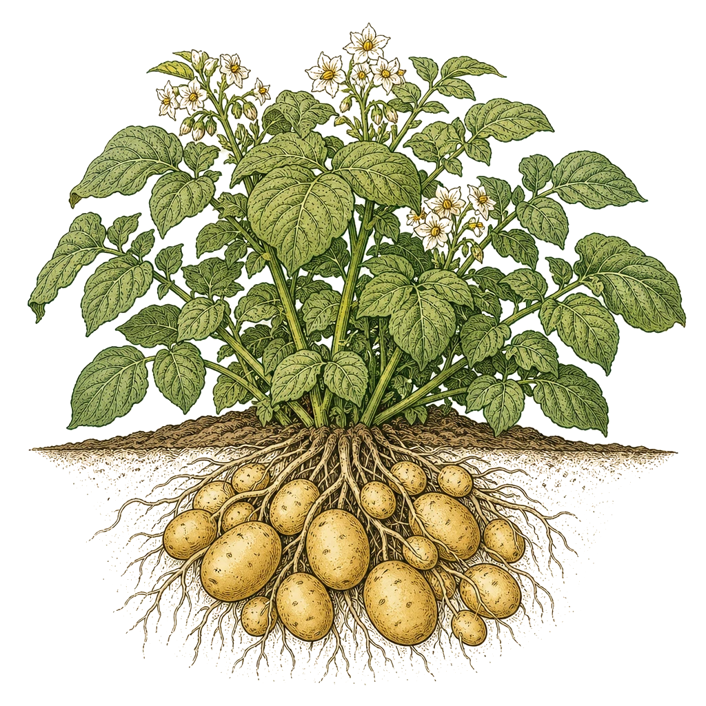 Potato plant with bushy foliage and tubers at the soil line — the crop that needs certified seed and repeated hilling as stems grow.