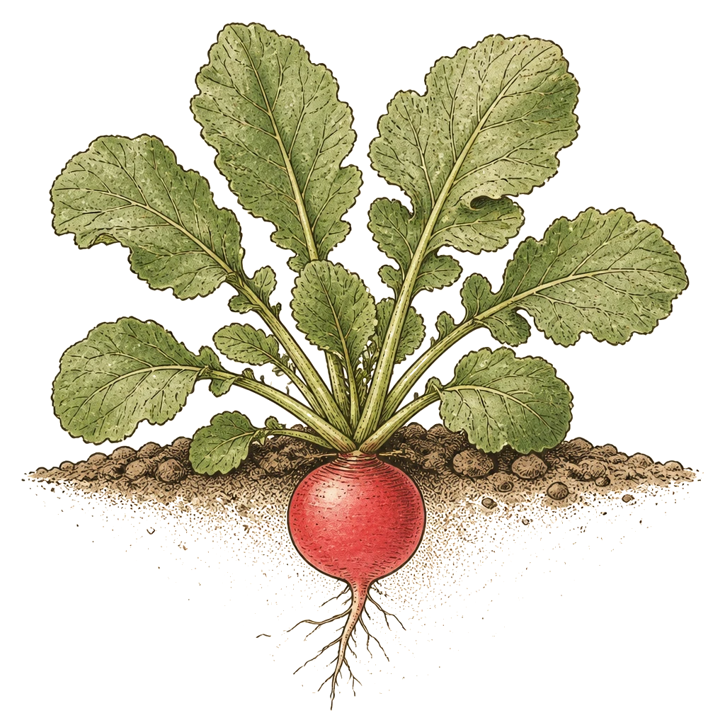 Radish plant with low rosette leaves and round roots at the soil surface — the 21–35 day crop that needs succession sowing every 7–14 days.