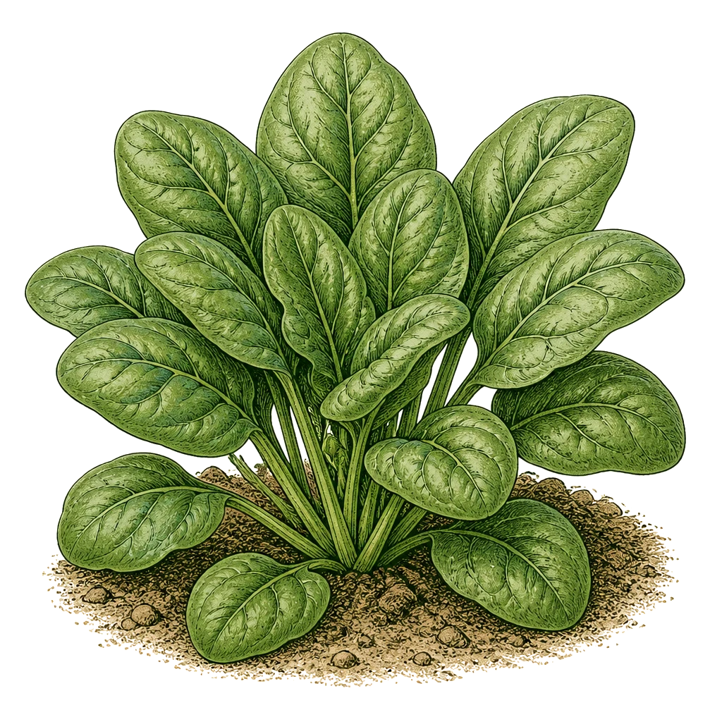 Spinach plant with low clumps of smooth oval leaves — the cool-season green that bolts when days exceed 14 hours.